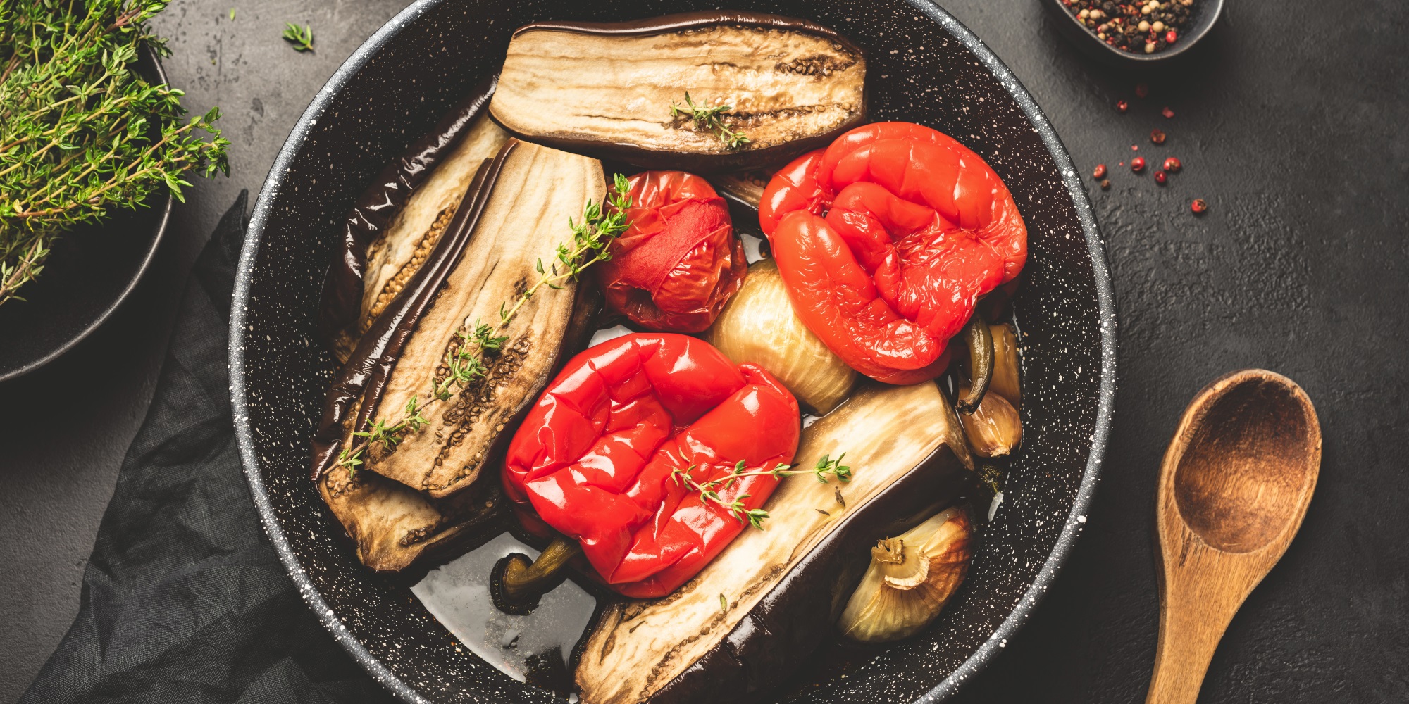Roasted peppers, baked eggplant, tomatoes, red onion and parsley