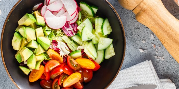 Cherry tomatoes, cucumbers, radish, avocado and lettuce