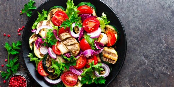 Grilled eggplant, grilled mushrooms, cherry tomatoes, onion and parsley