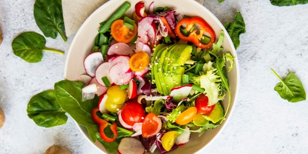 Avocado, peppers, radishes, tomatoes, lettuce and cabbage