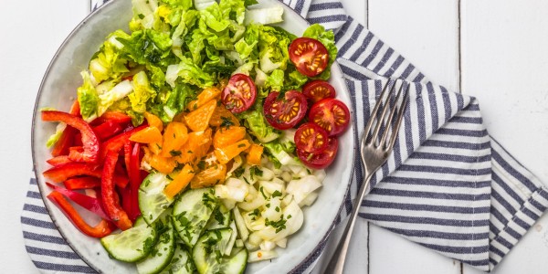 Cherry tomatoes, cucumbers, pumpkin, onion and lettuce