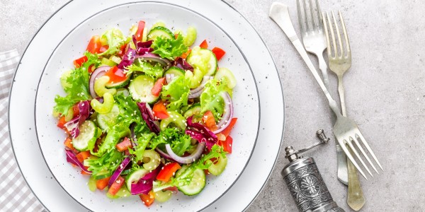 Cucumbers, celery, sweet peppers, frisee lettuce, red onion and sesame seeds