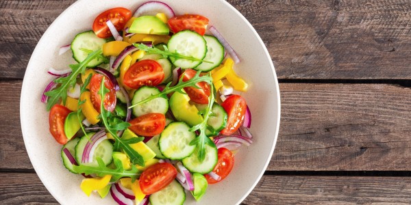 Tomatoes, cucumbers, bell pepper, red onion, avocado and arugula