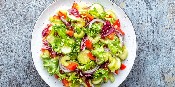 Cucumbers, celery, sweet peppers, lettuce, red onion and sesame seeds