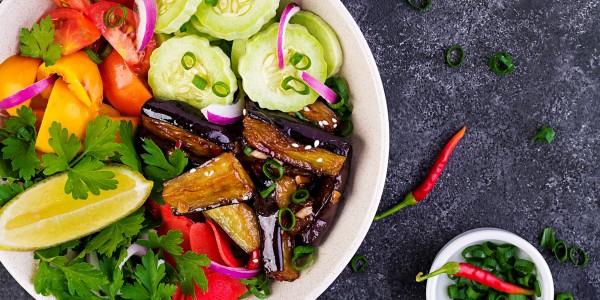 Cucumbers, tomatoes, paprika, parsley, red onion and stewed eggplant