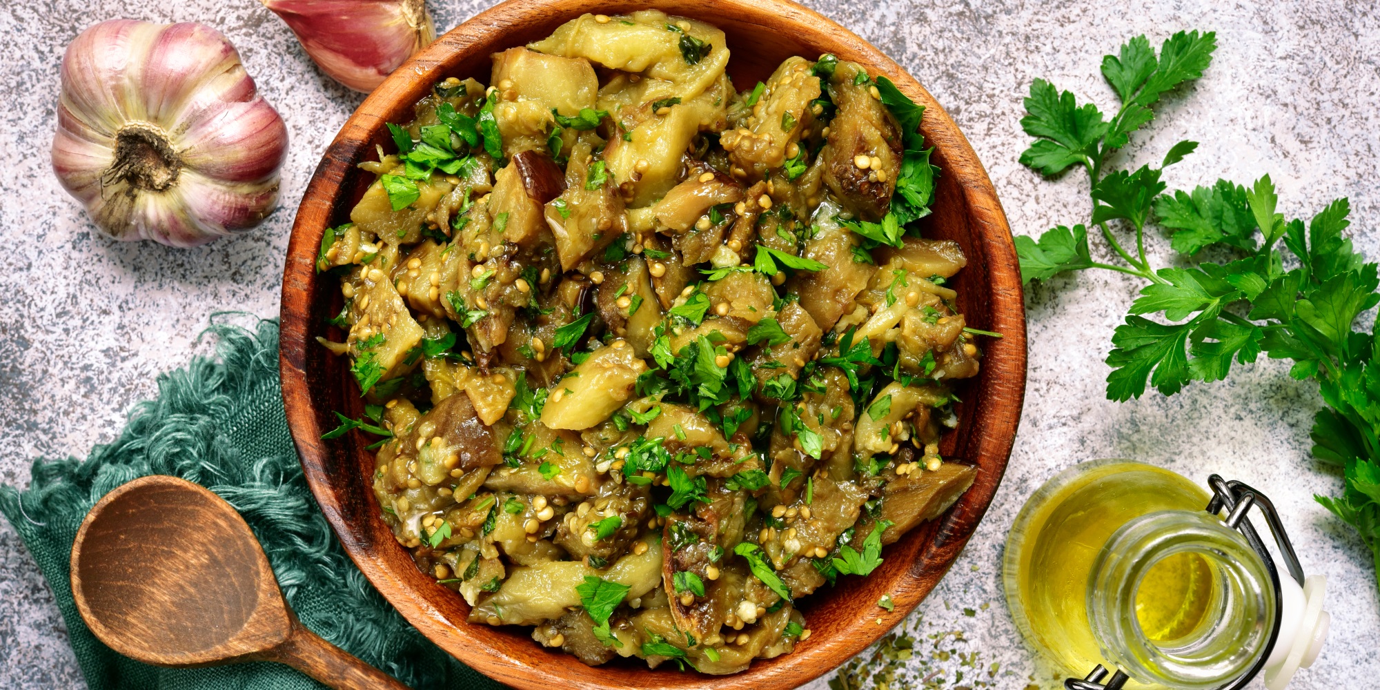 Grilled eggplant, parsley, garlic and olive oil