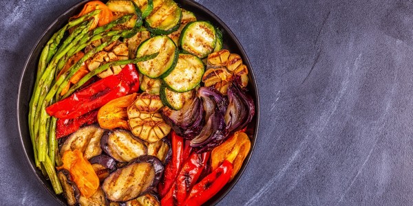 Grilled vegetables - zucchini, eggplants, carrots, onion, peppers and asparagus
