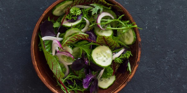 Lettuce, arugula, basil, cucumbers and onion